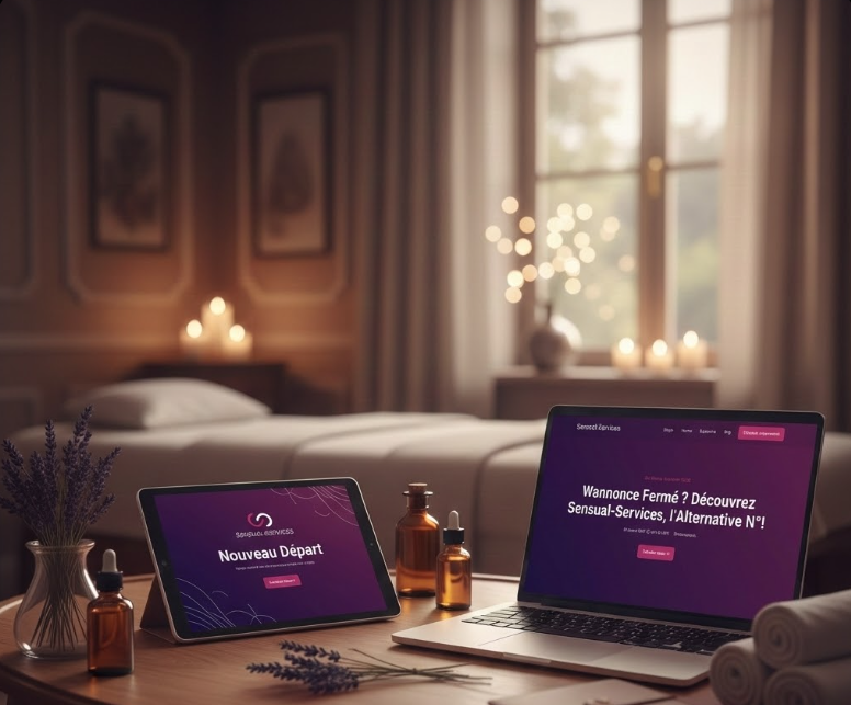 Ordinateur portable et tablette affichant Sensual-Services comme la meilleure alternative à Wannonce pour le massage érotique dans un cadre de spa professionnel.