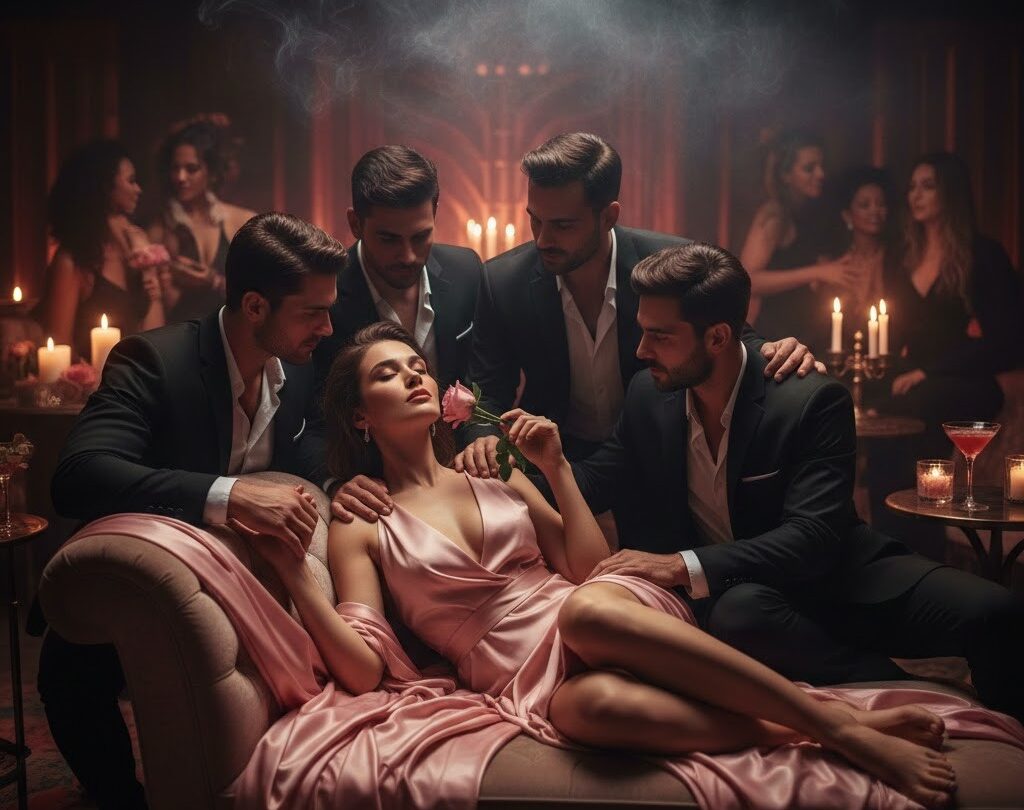 Mise en scène sensuelle de pluralité masculine lors d'une soirée libertine haut de gamme, tons noir et rose.